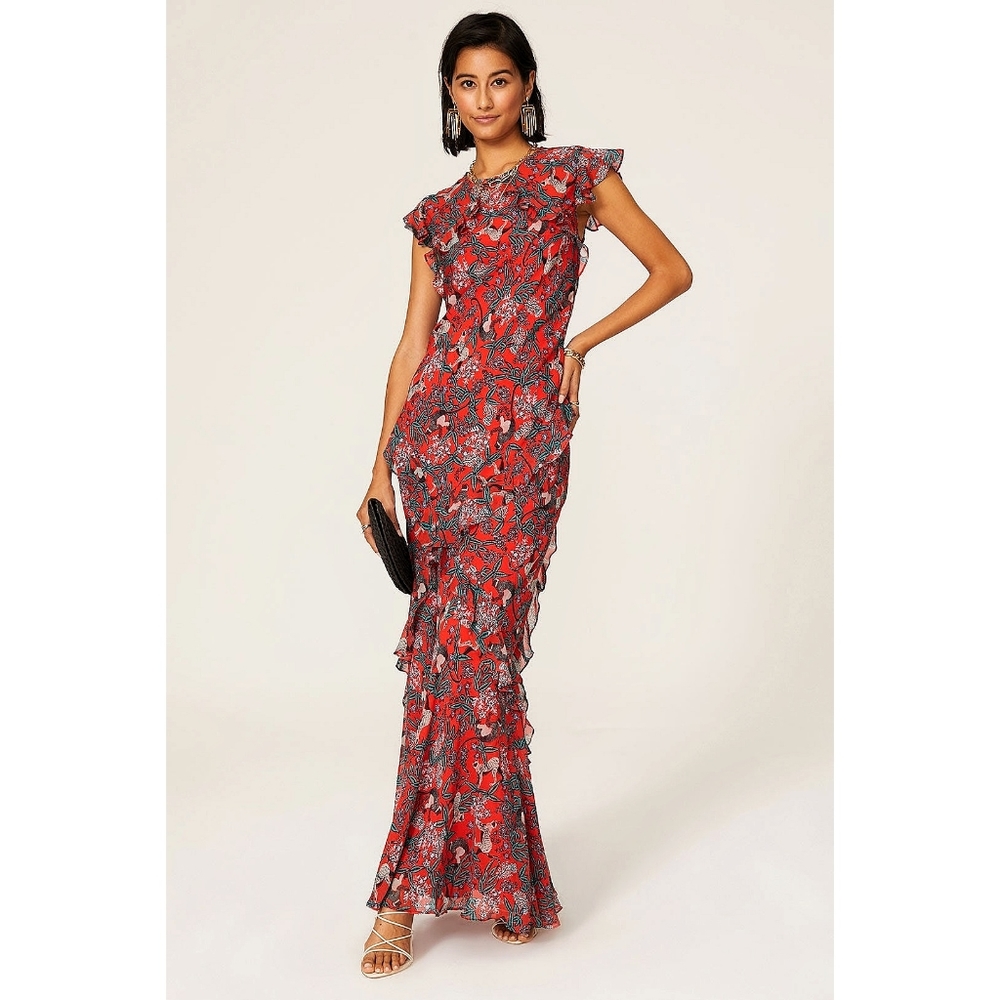 Saloni Tamara-B Tropical Silk Ruffle Maxi Dress - Picture 2 of 8